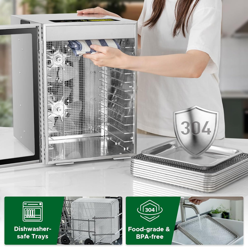 Food Dehydrator Machine, 12 Trays ALL Stainless Steel, Dual fan 360° Efficient Drying, 24H Adjustable Timer & 30℃ to 90℃ Temperature Control, Overheat Protection, 800W