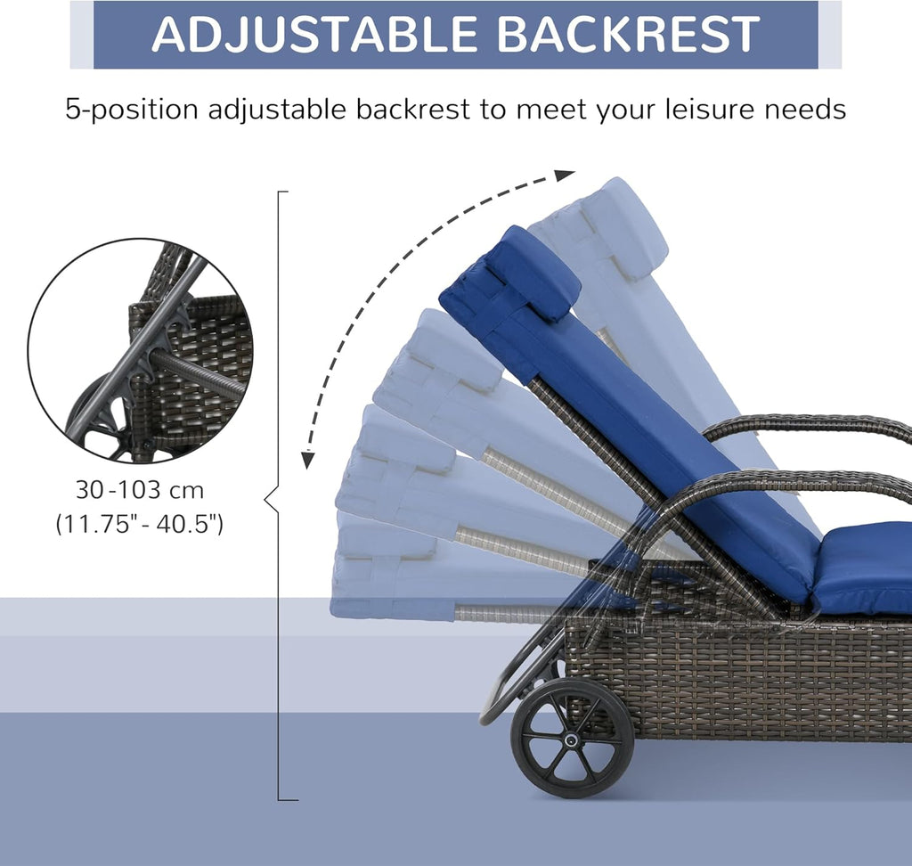 Wicker Chaise Lounge, Outdoor Lounge Chair, PE Rattan Patio Sun Lounger with Head-Rest, 5-Level Height Adjust Backrest, Cushion & Wheels, Mixed Brown and Dark Blue