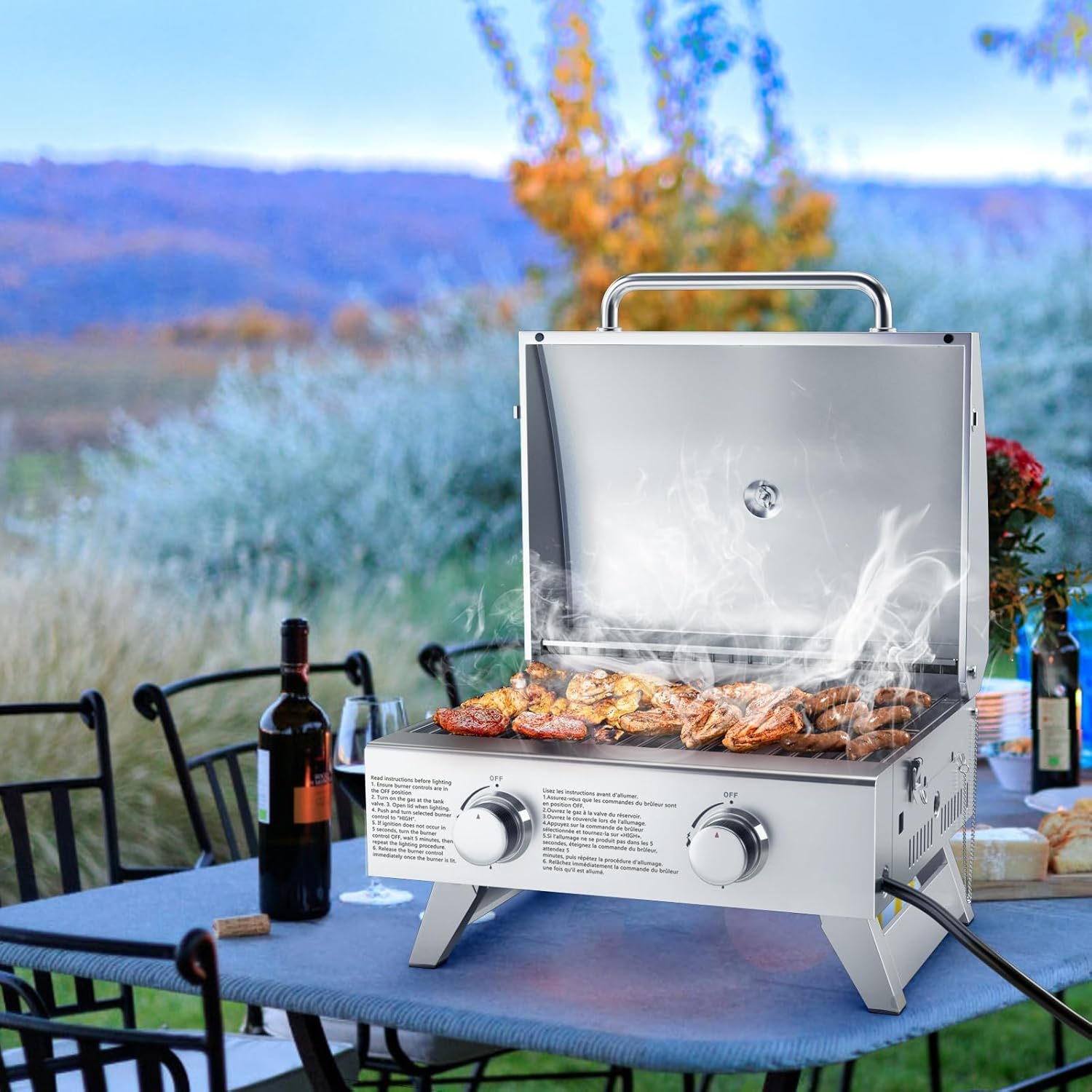 Propane Gas Grill 50,000 BTU, 4 Main Burners, 1 Side Burner, 2 Prep Tables, Stainless Steel Heavy-Duty BBQ Grill with 4 Wheels for Backyard Party Outdoor Cooking