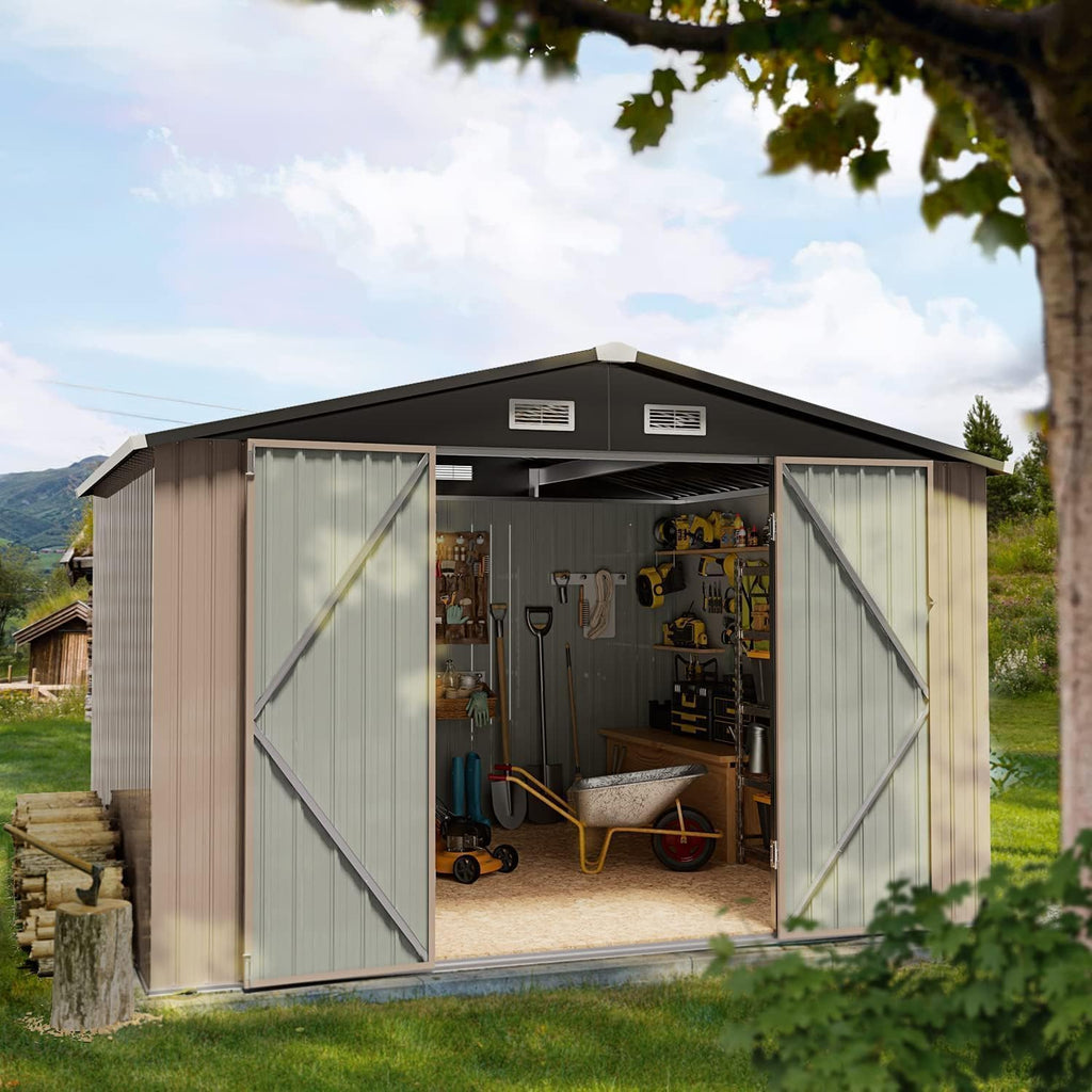 6' x 4' Outdoor Storage Shed, Metal Tool Shed with Lockable Door, Metal Garbage Can, Storage House for Backyard, Garden, Patio, Lawn, Brown