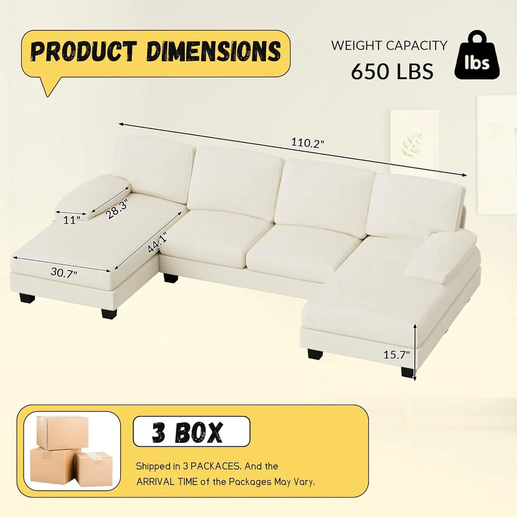 JUMMICO Sectional Couches for Living Room, U Shaped Couch with Chenille Fabric, 4 Seat Modern Sofa with Removable Pillows for Apartment and Small Space (Fabric, Grey)