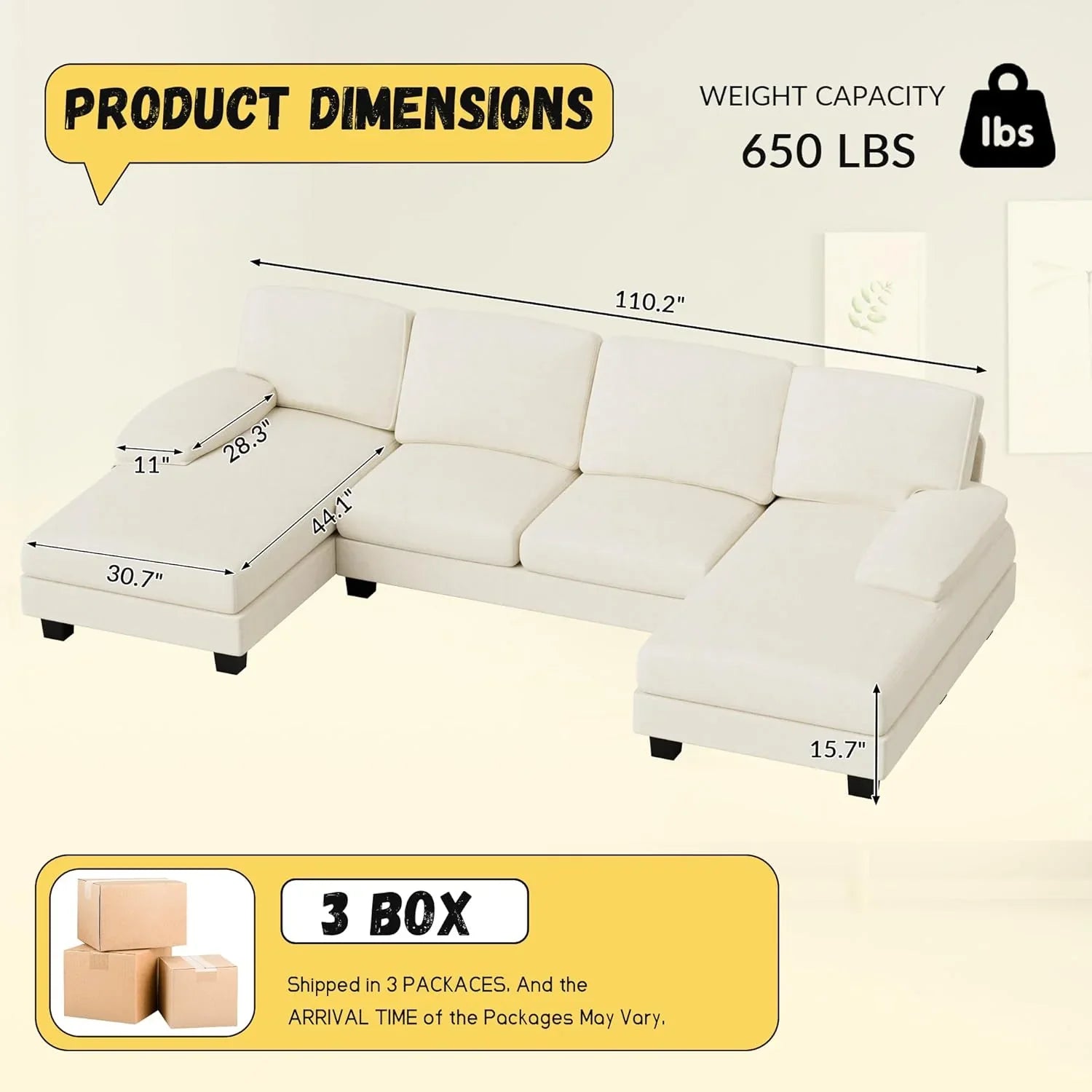 JUMMICO Sectional Couches for Living Room, U Shaped Couch with Chenille Fabric, 4 Seat Modern Sofa with Removable Pillows for Apartment and Small Space (Fabric, Grey)