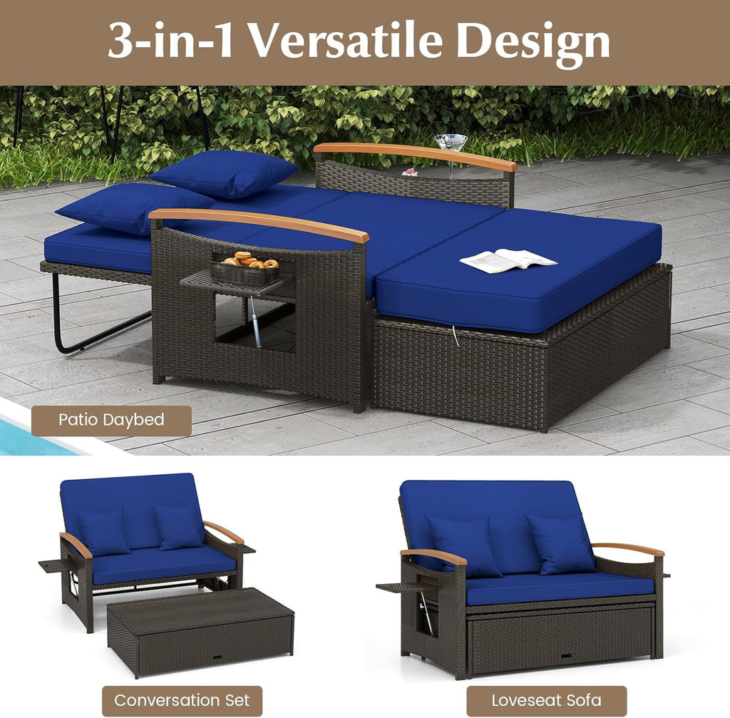 Outdoor Wicker Sofa Daybed, Rattan Loveseat with Folding Panels & Storage Ottoman, 4-Level Adjustable Backrest, Cozy Cushions Included, Sun Lounger Daybed for Backyard Porch,