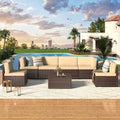 7 Piece Outdoor Patio Furniture Set, PE Rattan Wicker Sofa Set, Outdoor Sectional Furniture Chair Set with Navy Cushions and Tea Table, Black Rattan