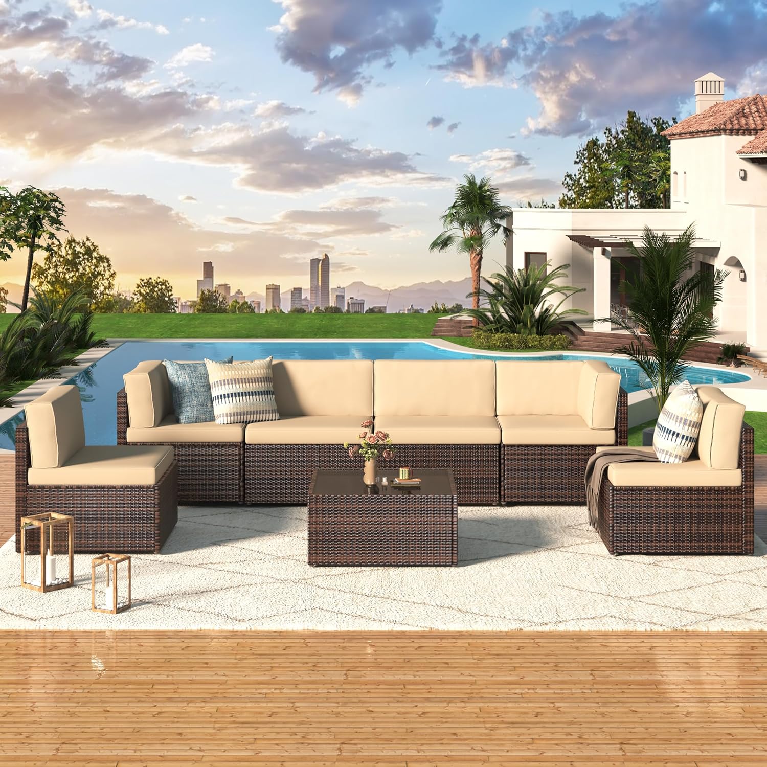 7 Piece Outdoor Patio Furniture Set, PE Rattan Wicker Sofa Set, Outdoor Sectional Furniture Chair Set with Navy Cushions and Tea Table, Black Rattan