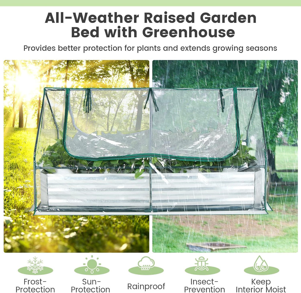 Galvanized Steel Raised Garden Bed with Mini Greenhouse, Outdoor Metal Planter Box Kit with Large Roll-up Cover, 71"x 35.5"x 36" Planter Raised Bed for Flower Vegetable Fruit (Green & Silver)