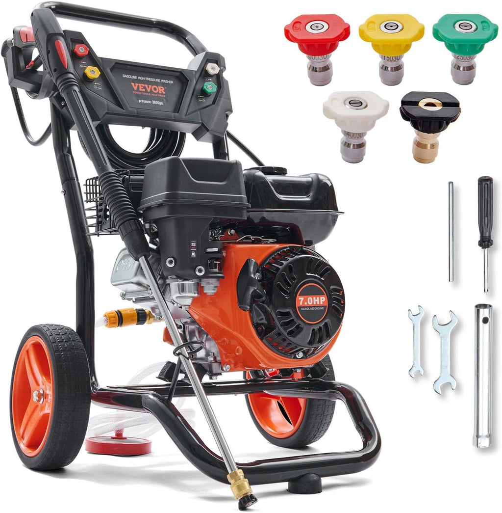3400 PSI 2.6 GPM, Gas Powered Pressure Washer with Aluminum Pump, Spray Gun and Extension Wand, 5 Quick Connect Nozzles, for Cleaning Cars, Homes, Driveways, Patios