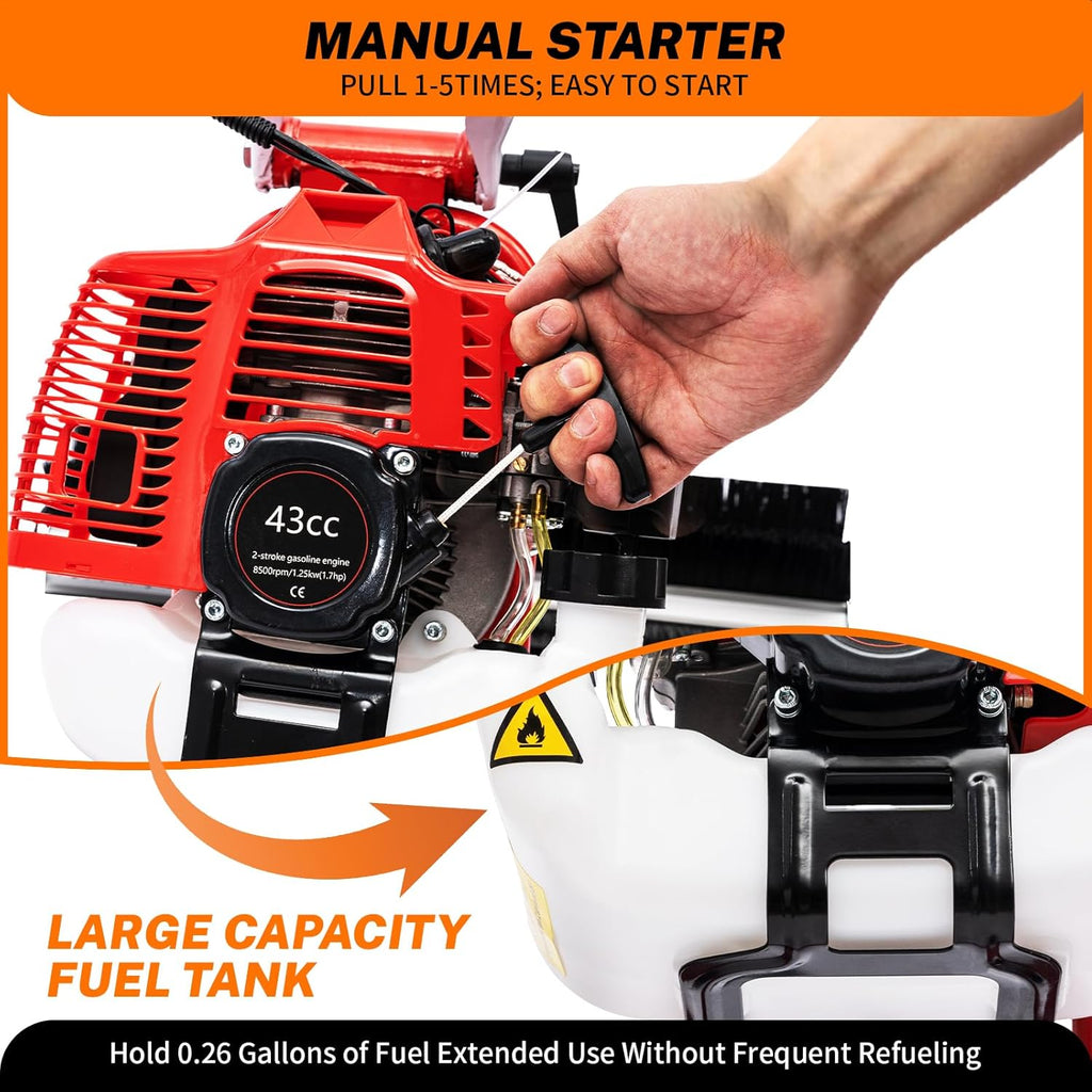 Handheld sweeping broom, 43CC 1.7 horsepower 2-cylinder gasoline engine, rear-mounted sweeping machine, suitable for cleaning parks, gardens, grasslands, lawns and gravel (Model 1)