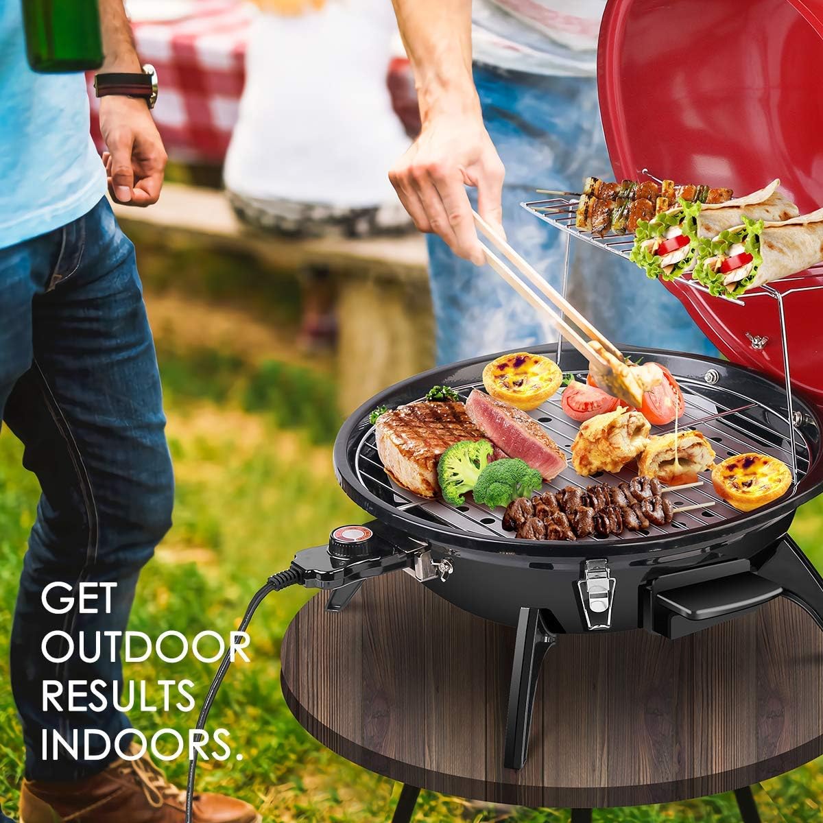 Electric barbecue grill, 15-person indoor/outdoor electric grill, suitable for indoor and outdoor use, double-layer design, portable detachable grill, power 1600 watts (fixed type, black)