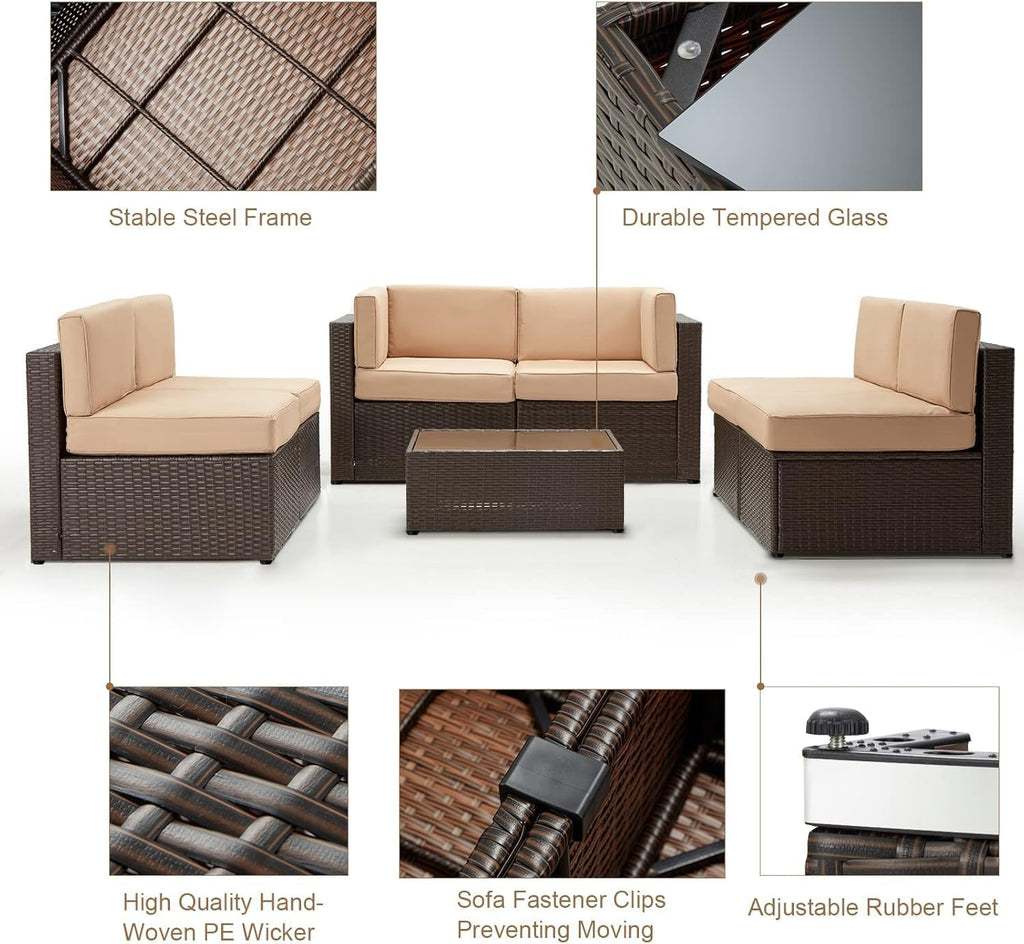7 Piece Outdoor Patio Furniture Set, PE Rattan Wicker Sofa Set, Outdoor Sectional Furniture Chair Set with Navy Cushions and Tea Table, Black Rattan