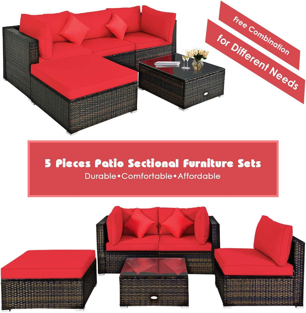 5 Piece Outdoor Patio Furniture, L-Shaped Wicker Sectional Sofa with Tempered Glass Table, Ottoman, 3 Single Chairs, Rattan Conversation Set for Backyard, Porch, Balcony, Beige