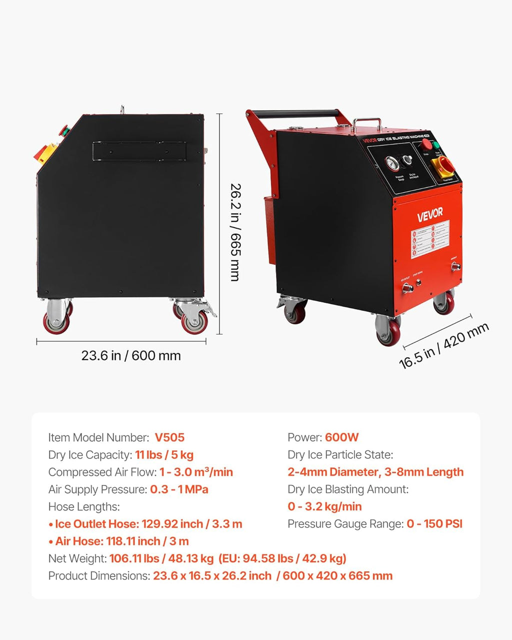 Dry Ice Blasting Machine, 11LBS (5KG) Capacity Dry Ice Cleaning Machine with 4 Nozzles, Adjustable Pressure, Movable Blaster Cleaner for Automotive Ship Aviation Chemical, 120V