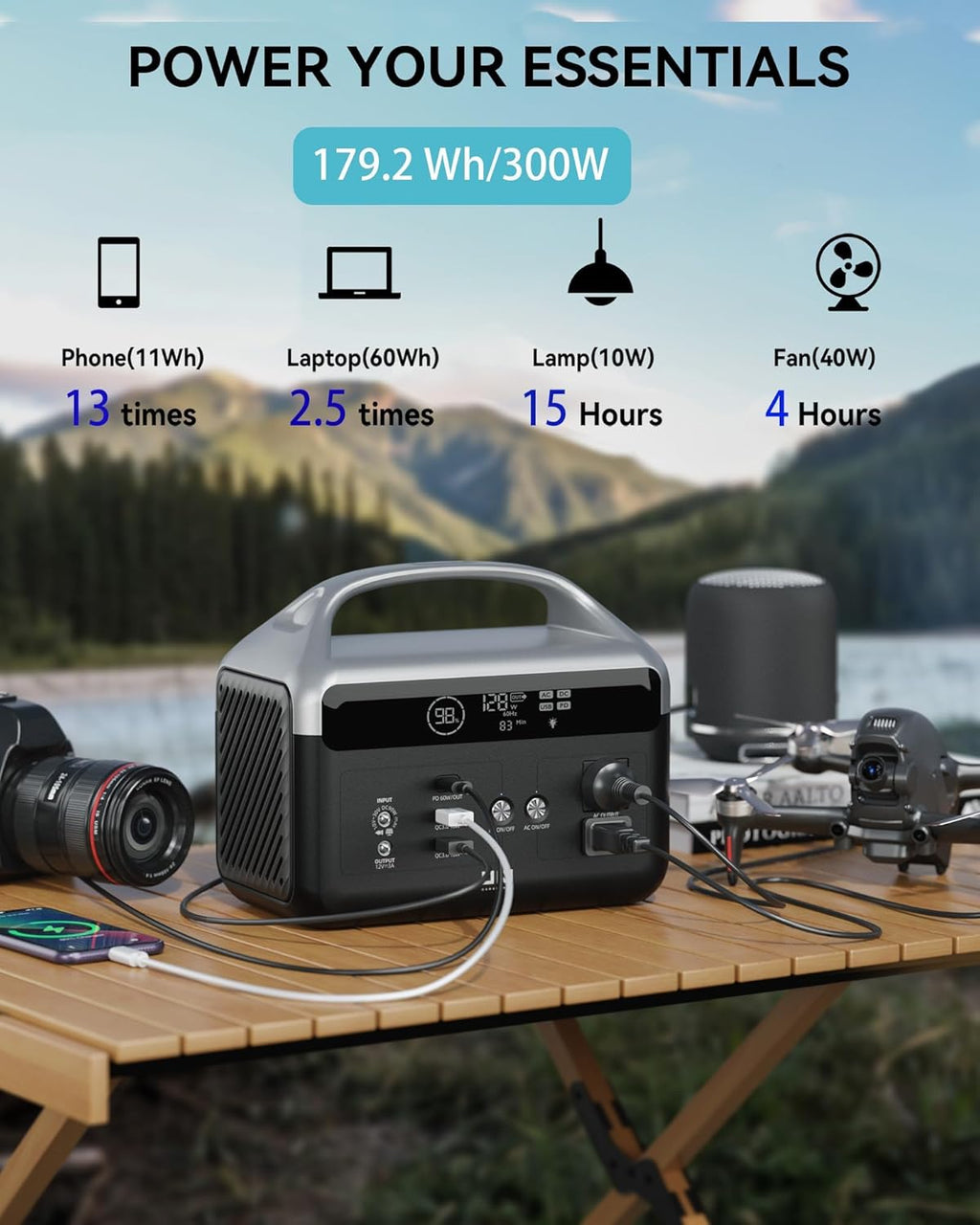 Portable Power Station 300W (600W Surge), 179.2Wh (56000mAh) Solar Generator with LiFePO4 Battery, Portable Power Bank for Camping, RV Travel, Emergency Backup & Power Outages