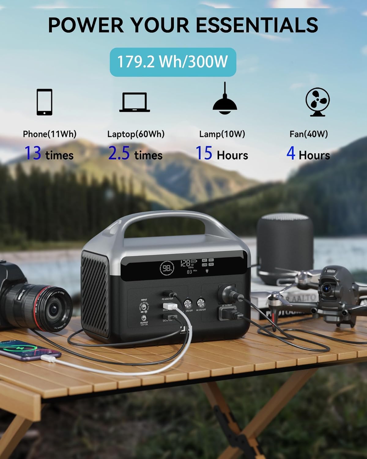 Portable Power Station 300W (600W Surge), 179.2Wh (56000mAh) Solar Generator with LiFePO4 Battery, Portable Power Bank for Camping, RV Travel, Emergency Backup & Power Outages