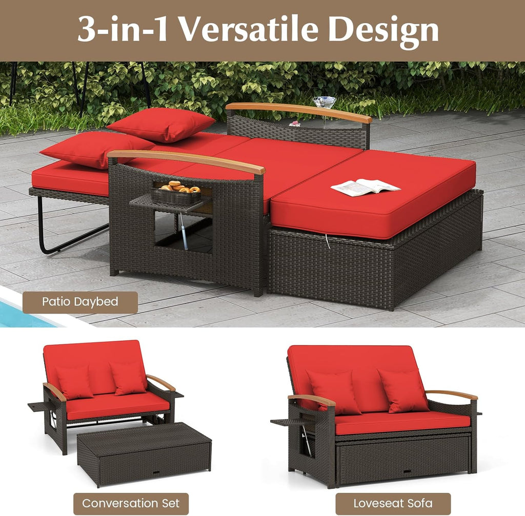 Outdoor Wicker Sofa Daybed, Rattan Loveseat with Folding Panels & Storage Ottoman, 4-Level Adjustable Backrest, Cozy Cushions Included, Sun Lounger Daybed for Backyard Porch,