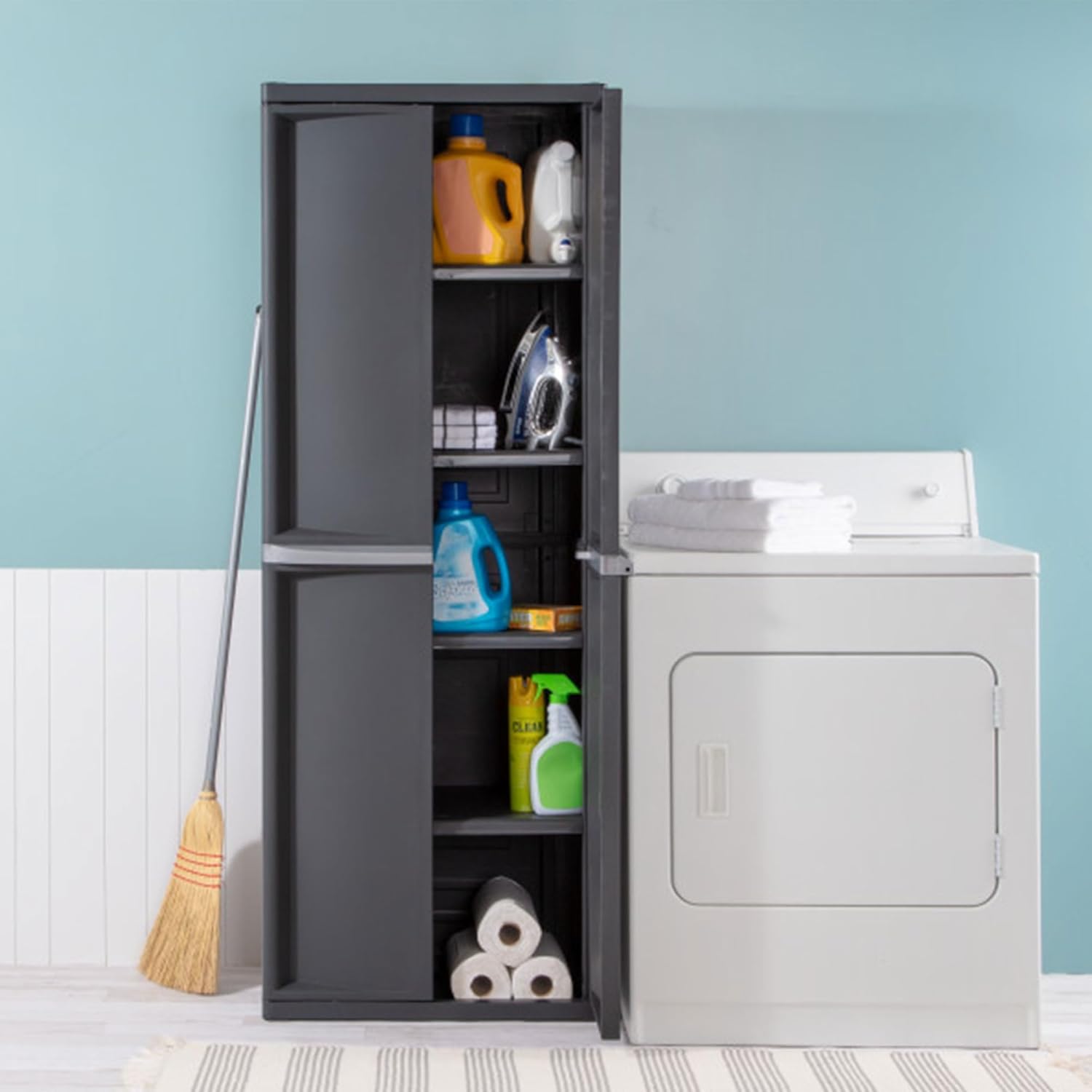 4 Shelf Cabinet, Plastic Organization Storage Unit, Organize Bins in the Garage, Basement, Attic, Mudroom, Gray, 1-Pack