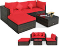 5 Piece Outdoor Patio Furniture, L-Shaped Wicker Sectional Sofa with Tempered Glass Table, Ottoman, 3 Single Chairs, Rattan Conversation Set for Backyard, Porch, Balcony, Beige