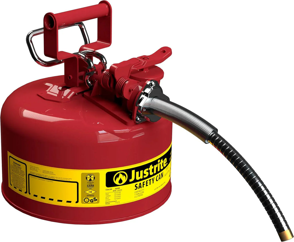Justrite 5-Gallon Type II Red Safety Gas Can �� OSHA-Approved Steel Fuel Container with Flame Arrester, Self-Closing Lid & 1" Flexible Spout (7250130)