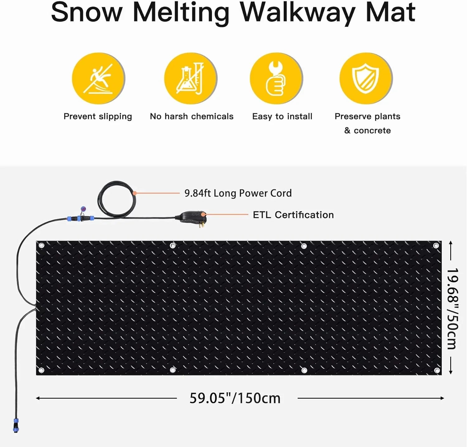 Juilsioa 5ft x 20in Snow Melting Mats, Anti-Slip Heated Outdoor Mat with Power Cord, Ideal for Snowy Paths to Hot Tubs