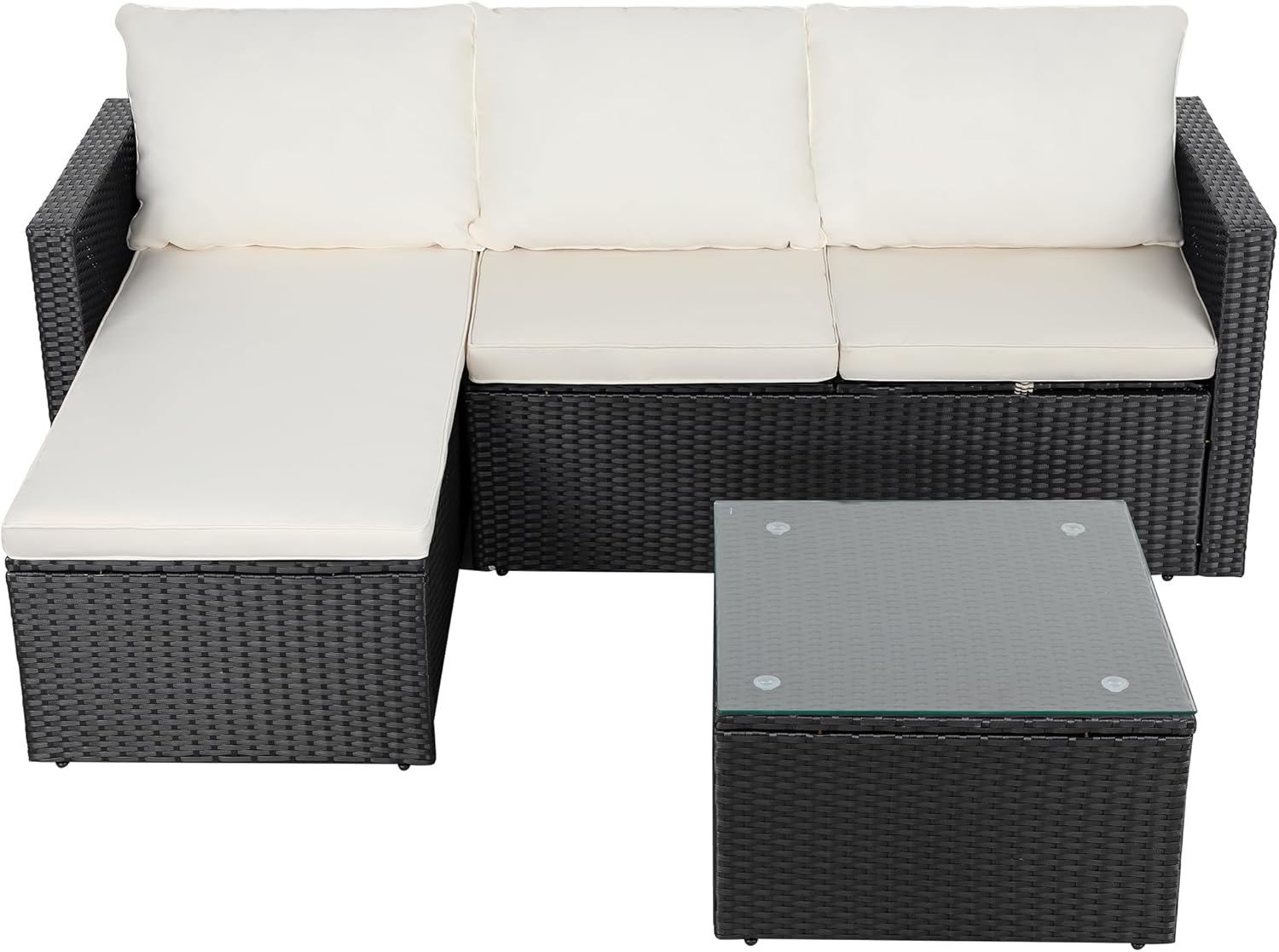 Outdoor Patio Furniture Sets, Small Outdoor Sofa Patio Sectional Sets 3-Piece All Weather Wicker Rattan Patio Seating Sofas with Glass Coffee Table and Cushion (Beige)