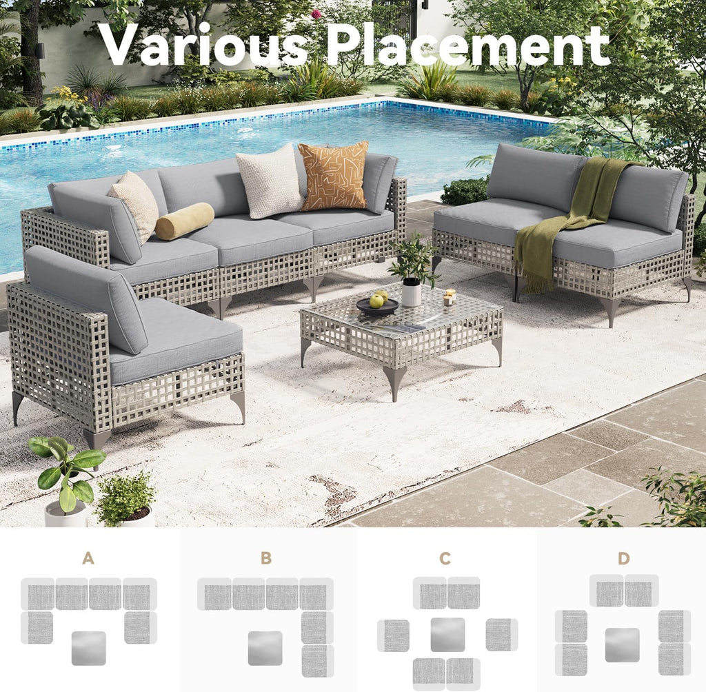 7 Piece Outdoor Patio Furniture Set, PE Rattan Wicker Sofa Set, Outdoor Sectional Furniture Chair Set with Navy Cushions and Tea Table, Black Rattan