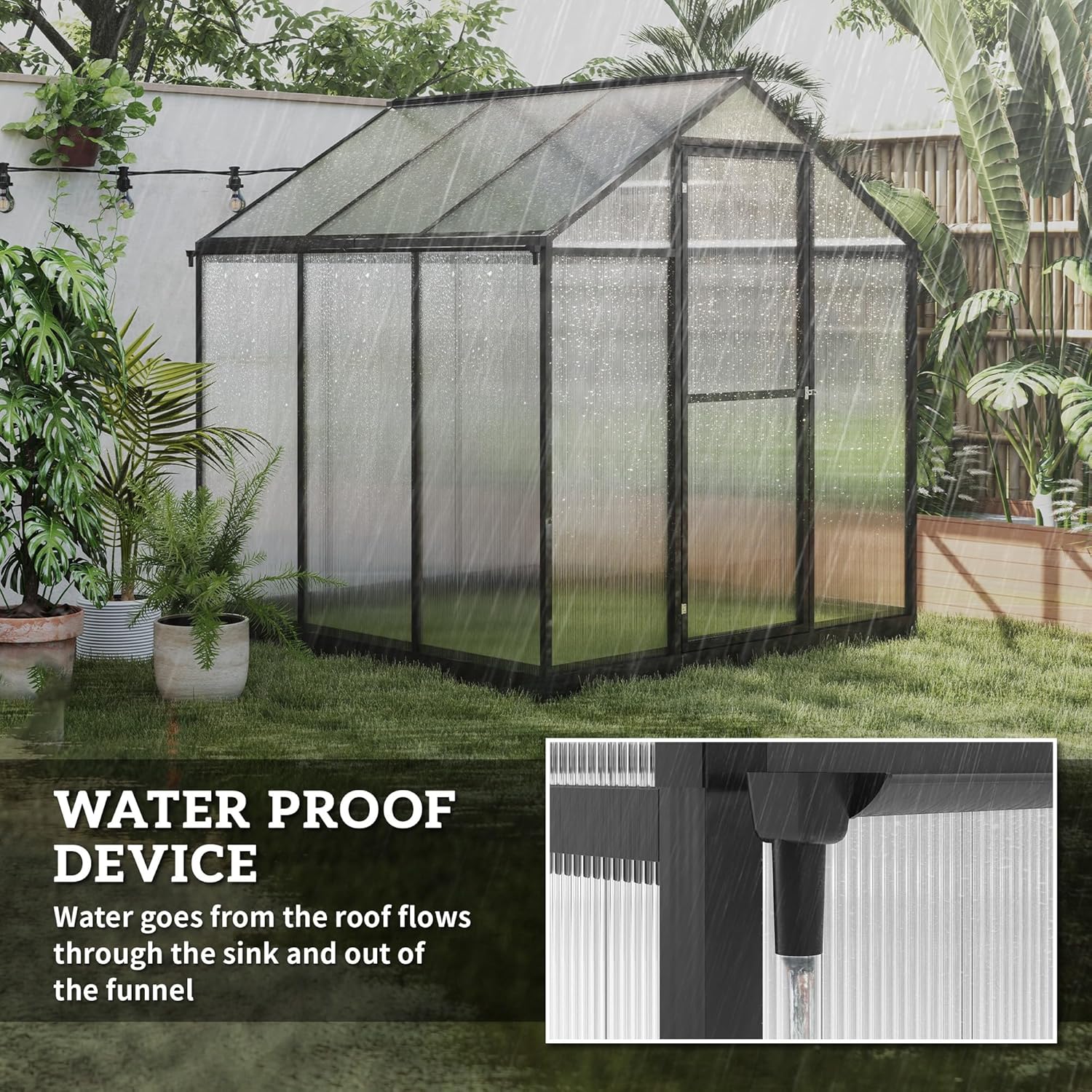 6' x 8' x 6.4' Polycarbonate Greenhouse, Aluminum Walk-in Green House Kit Garden, Plants Grow with Rain Gutter and Roof Vent