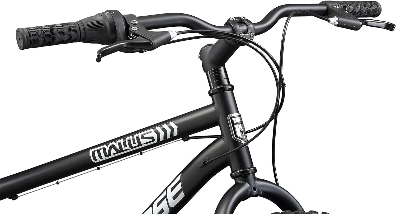 Malus Mens and Women Fat Tire Mountain Bike, 26-Inch Bicycle Wheels, 4-Inch Wide Knobby Tires, Steel Frame, 7 Speed Drivetrain, Shimano Rear Derailleur, Disc Brakes