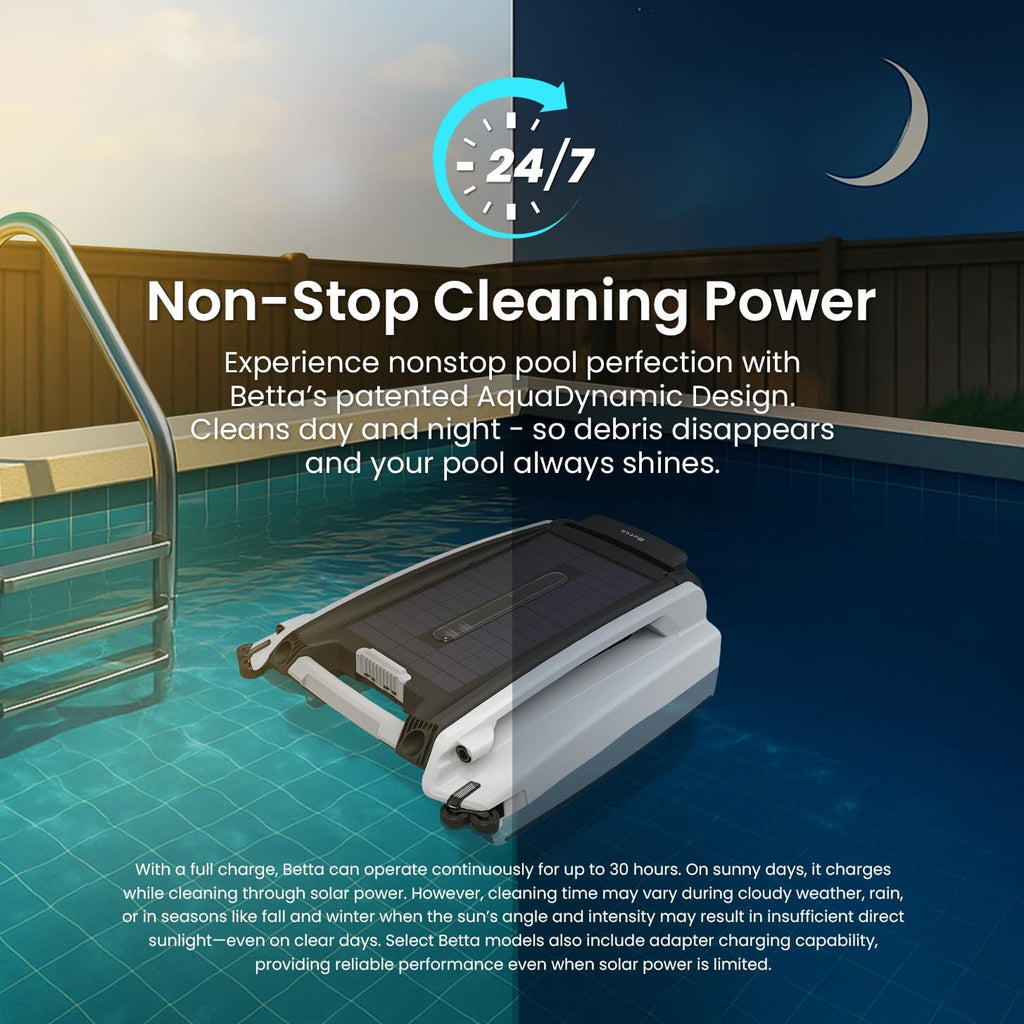 SE features a solar-powered automatic pool skimmer robot, with enhanced internal durability and a redesigned dual-salt chlorine-resistant motor (white)