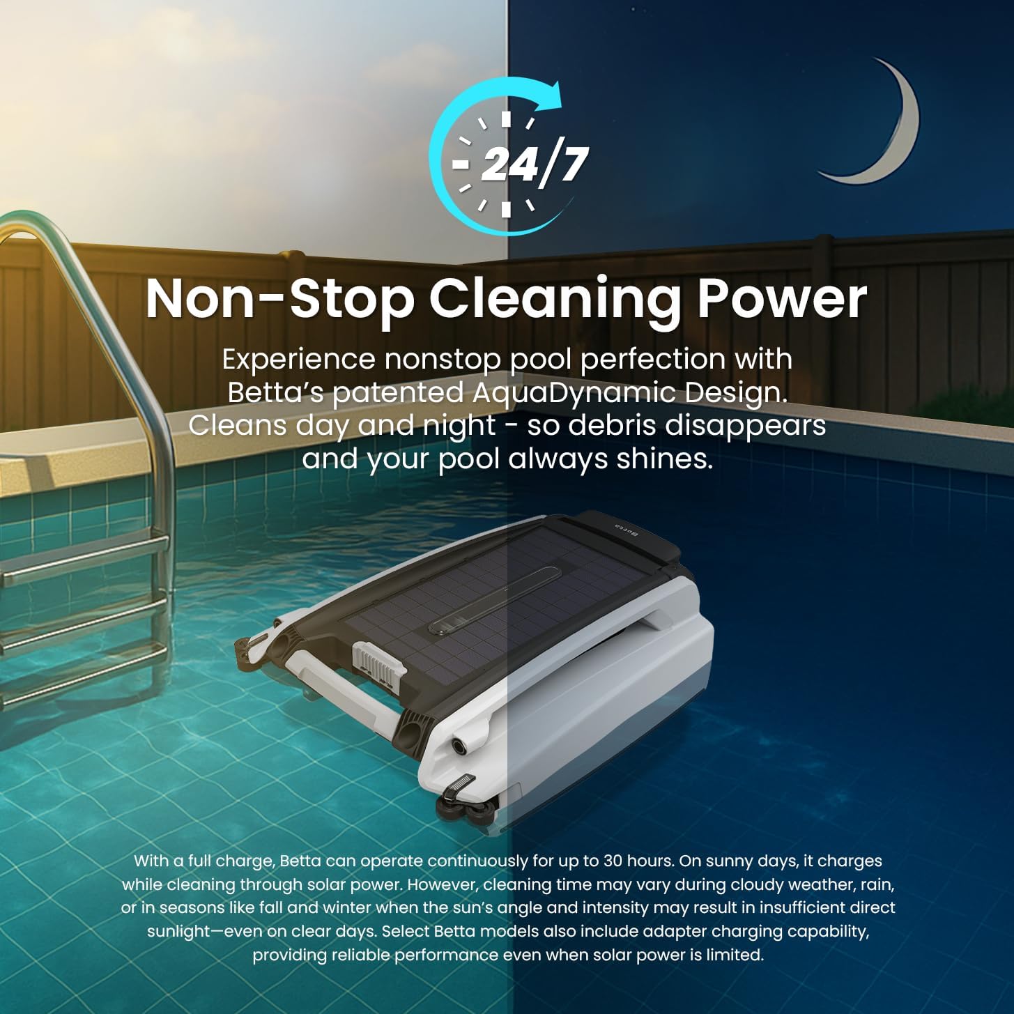 SE features a solar-powered automatic pool skimmer robot, with enhanced internal durability and a redesigned dual-salt chlorine-resistant motor (white)