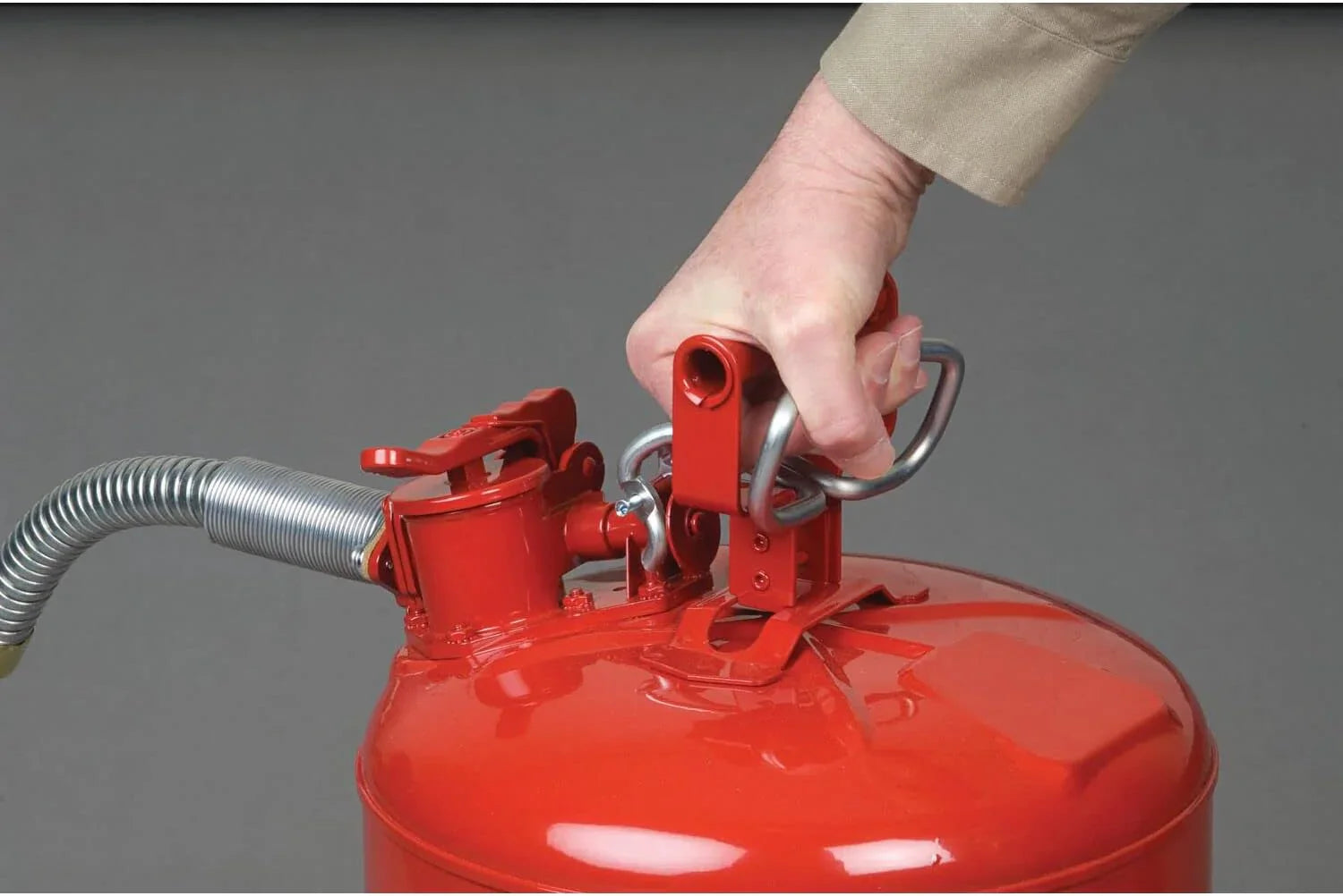 Justrite 5-Gallon Type II Red Safety Gas Can �� OSHA-Approved Steel Fuel Container with Flame Arrester, Self-Closing Lid & 1" Flexible Spout (7250130)