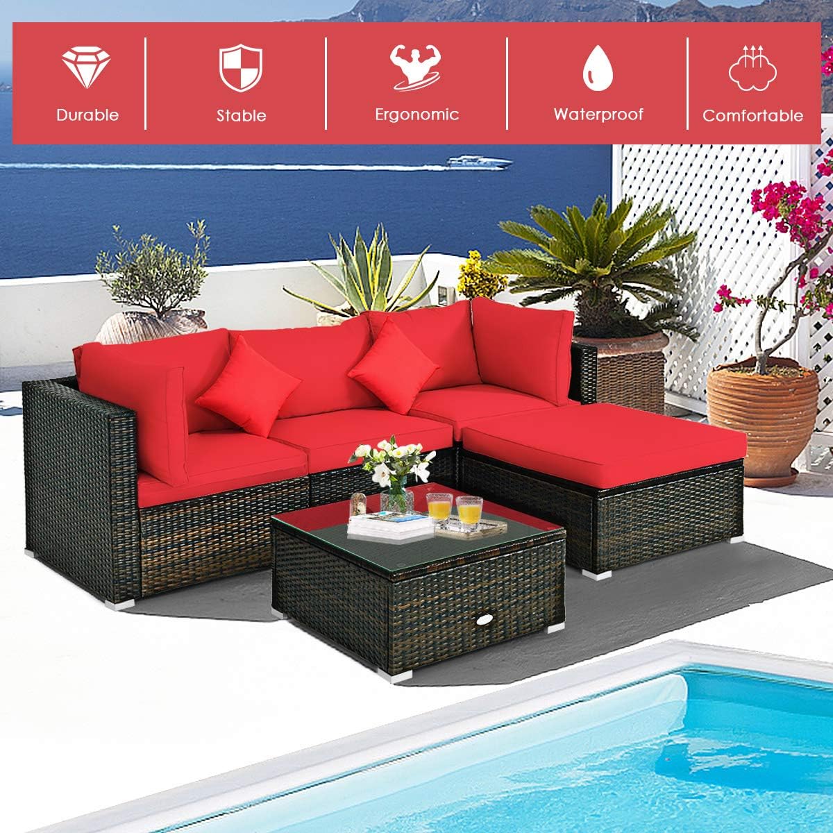 5 Piece Outdoor Patio Furniture, L-Shaped Wicker Sectional Sofa with Tempered Glass Table, Ottoman, 3 Single Chairs, Rattan Conversation Set for Backyard, Porch, Balcony, Beige