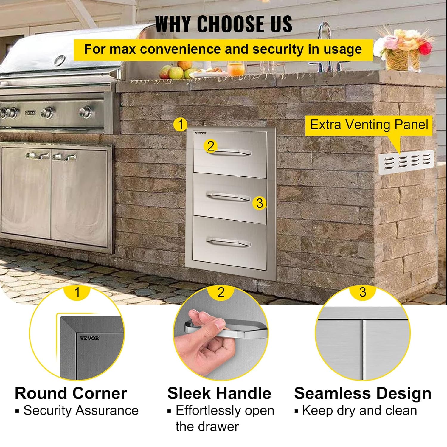 14x20.3 Inch Outdoor Kitchen Drawers Stainless Steel, Flush Mount Triple Drawers, 14W x 20.3H x 23D Inch, with Stainless Steel Handle, BBQ Drawers for Outdoor Kitchens or BBQ Island