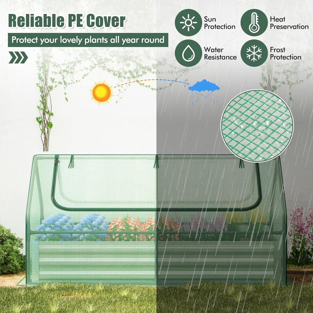 Galvanized Steel Raised Garden Bed with Mini Greenhouse, Outdoor Metal Planter Box Kit with Large Roll-up Cover, 71"x 35.5"x 36" Planter Raised Bed for Flower Vegetable Fruit (Green & Silver)