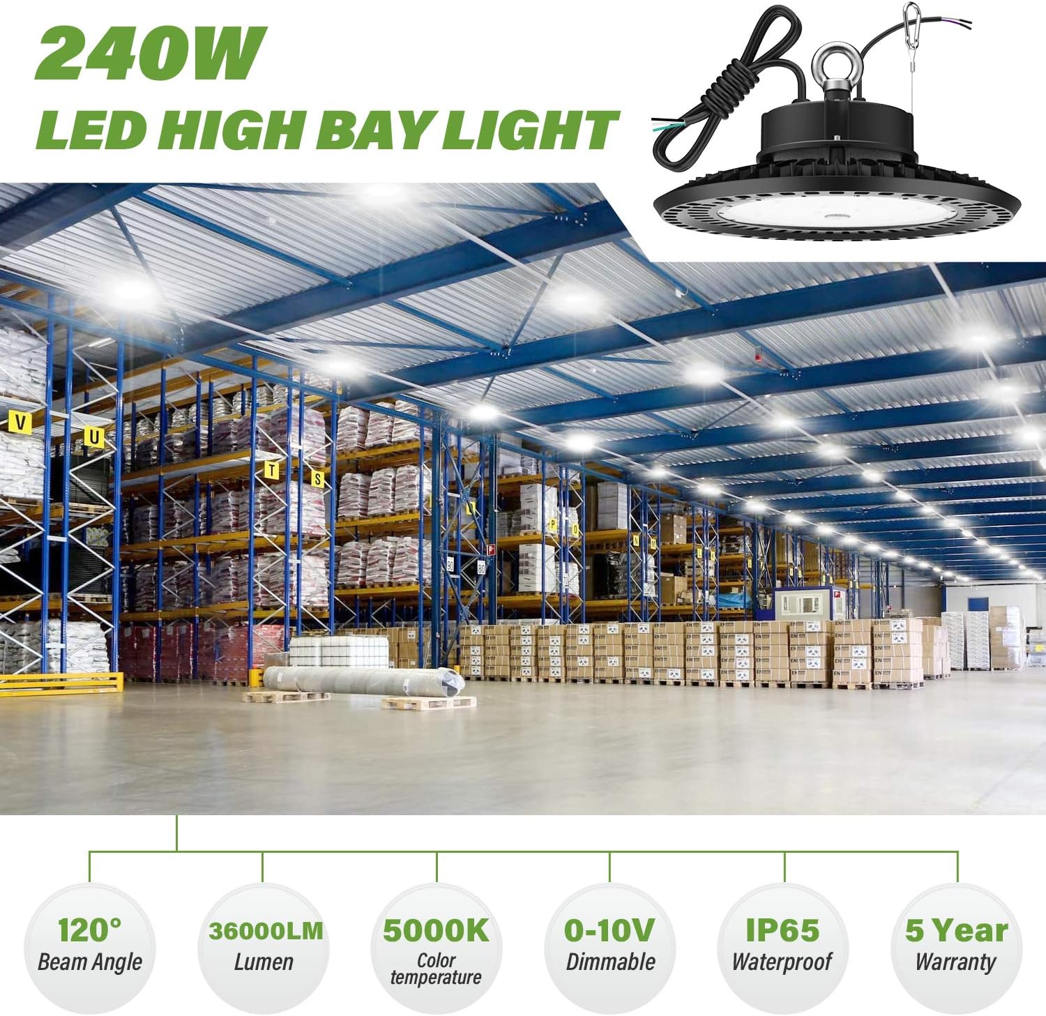 High Bay Light 240W 5000K High Bay Led Shop Lights 36,000LM 0-10V Dimmable Led high Bay Lights for Shop Lights Warehouse Lights UFO Lights