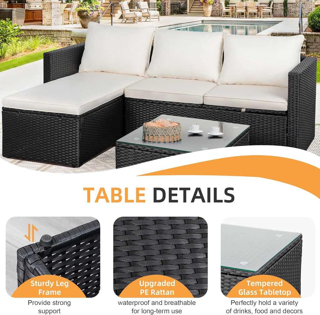 Outdoor Patio Furniture Sets, Small Outdoor Sofa Patio Sectional Sets 3-Piece All Weather Wicker Rattan Patio Seating Sofas with Glass Coffee Table and Cushion (Beige)