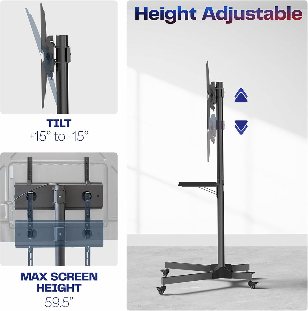 Suitable for mobile TV carts with screens ranging from 32 to 83 inches and weighing no more than 110 pounds. Equipped with LCD, LED, OLED 4K smart flat and curved display screens, featuring rollable stands and laptop/DVD stands, and equipped with loc