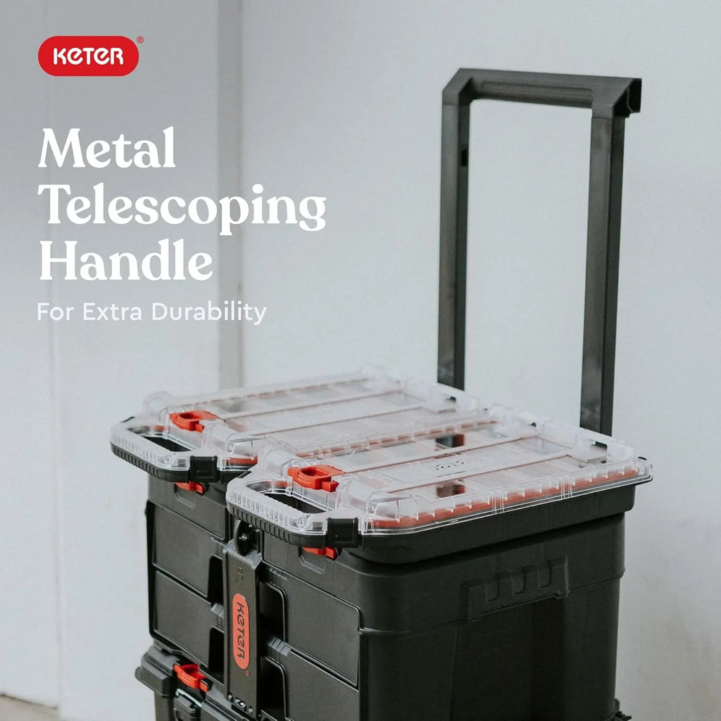 Keter Stack-n-Roll Modular Tools Organizer for Garage Storage and DIY, 3 Piece Resin Rolling Tool Box System for Small Parts