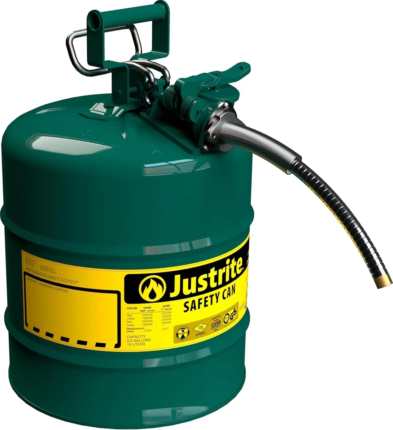 Justrite 5-Gallon Type II Red Safety Gas Can �� OSHA-Approved Steel Fuel Container with Flame Arrester, Self-Closing Lid & 1" Flexible Spout (7250130)