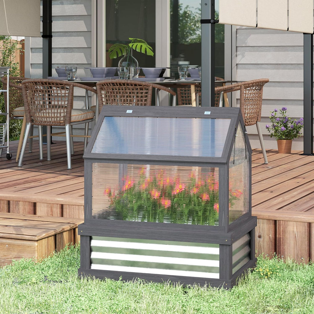 Raised Garden Bed with Polycarbonate Greenhouse, Wooden Cold Frame Greenhouse, Garden Flower Planter Protection, Peak Roof, 35.5" x 22.5" x 38.25", Gray