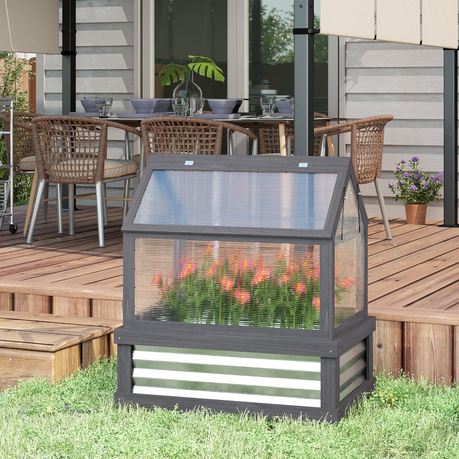 Raised Garden Bed with Polycarbonate Greenhouse, Wooden Cold Frame Greenhouse, Garden Flower Planter Protection, Peak Roof, 35.5" x 22.5" x 38.25", Gray