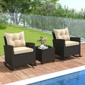 3 Pieces Patio Furniture Set, Outdoor Wicker Rocking Chairs with Soft Cushions, Glass Coffee Table, Rattan Conversation Bistro Rocker Set for Front Porch Balcony Garden Deck Poolside (Red)