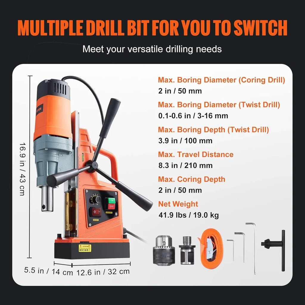 Mag Drill Press, 1550W 2" Boring Diameter, 2922lbf Power Magnetic Drill, 500 PRM, 10-Speed, Electric Drilling Machine for Metal Surface, Industrial and Home Improvement