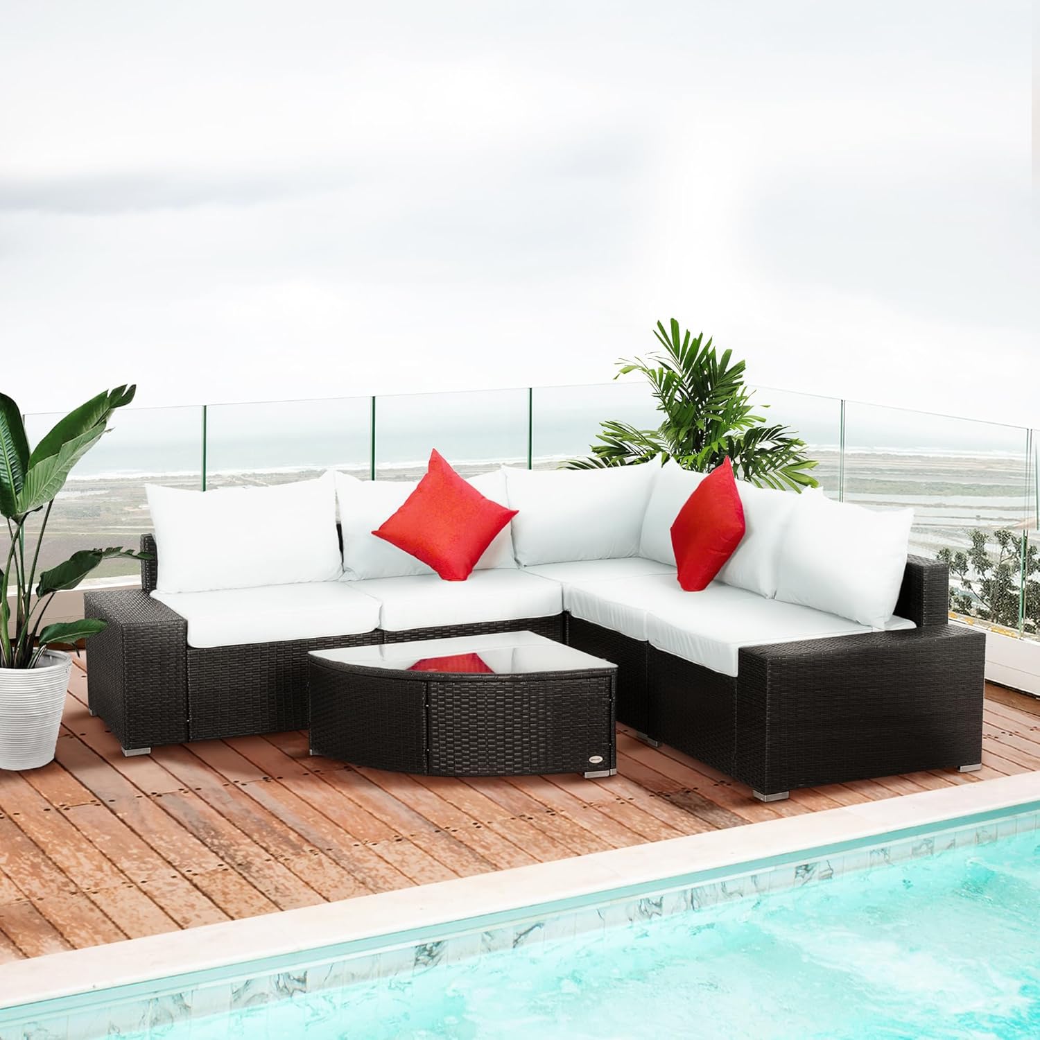 6 Pieces Wicker Patio Furniture Set, PE Rattan Outdoor Garden Conversation Sectional Sofa Set with 4" Thick Padded Cushions, Fan-Shape Glass Top Coffee Table, Beige
