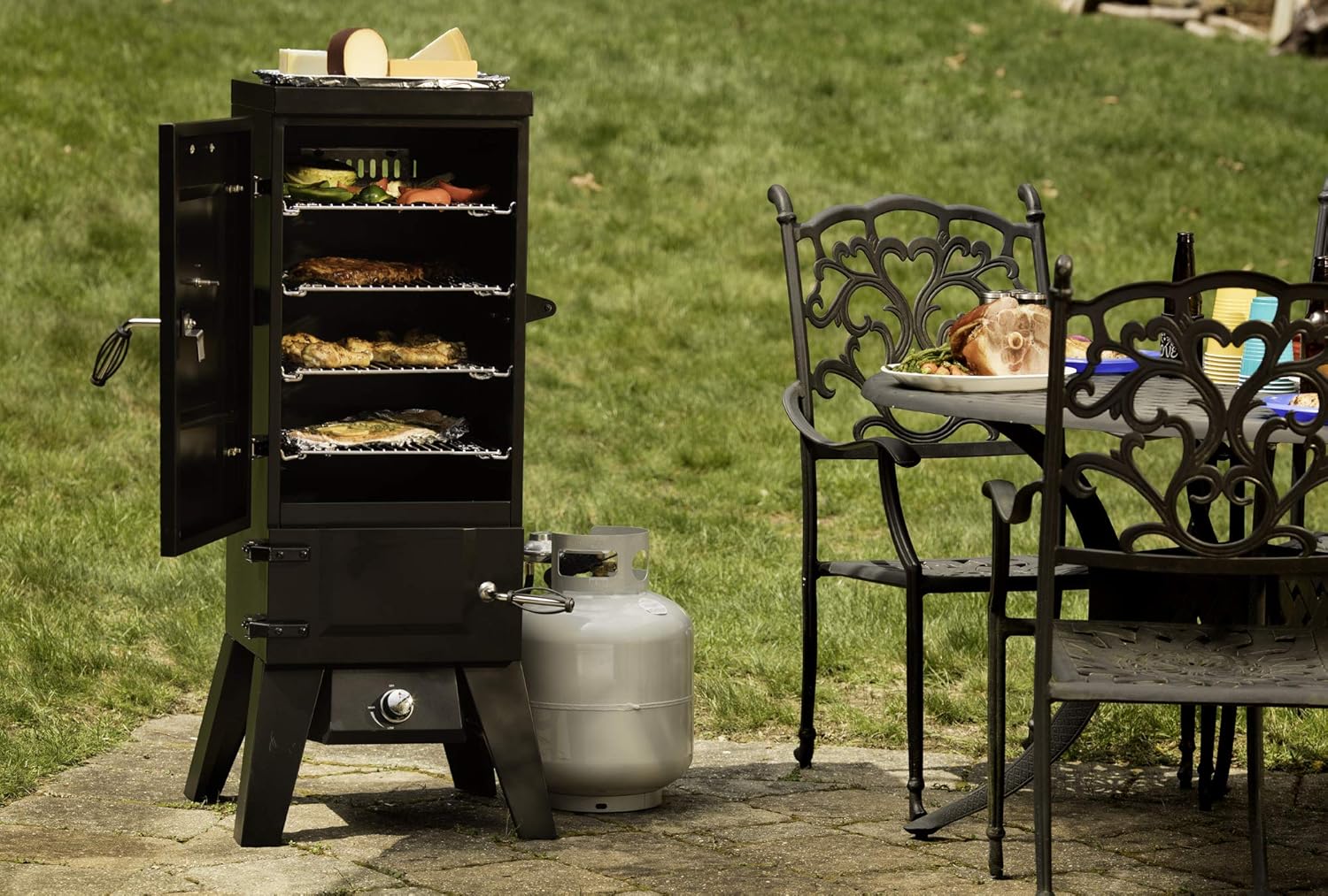 Vertical Propane Smoker, 4 Removable Racks, Spacious BBQ Smoker with Wood and Water Trays, 15,000 BTU Heat for Smoked Meat, Brisket, Jerky,