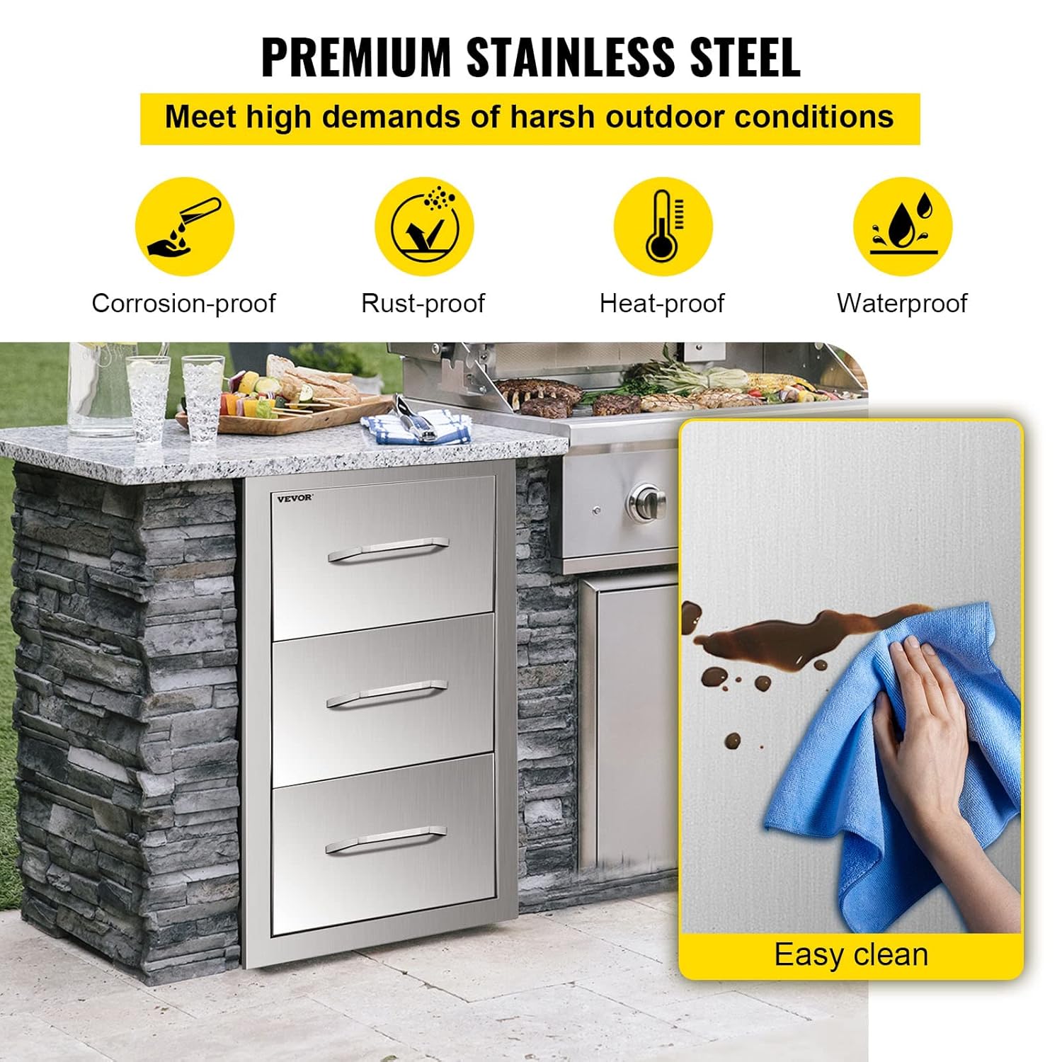 14x20.3 Inch Outdoor Kitchen Drawers Stainless Steel, Flush Mount Triple Drawers, 14W x 20.3H x 23D Inch, with Stainless Steel Handle, BBQ Drawers for Outdoor Kitchens or BBQ Island