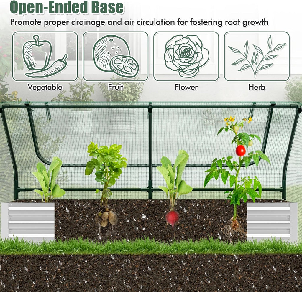 Galvanized Steel Raised Garden Bed with Mini Greenhouse, Outdoor Metal Planter Box Kit with Large Roll-up Cover, 71"x 35.5"x 36" Planter Raised Bed for Flower Vegetable Fruit (Green & Silver)