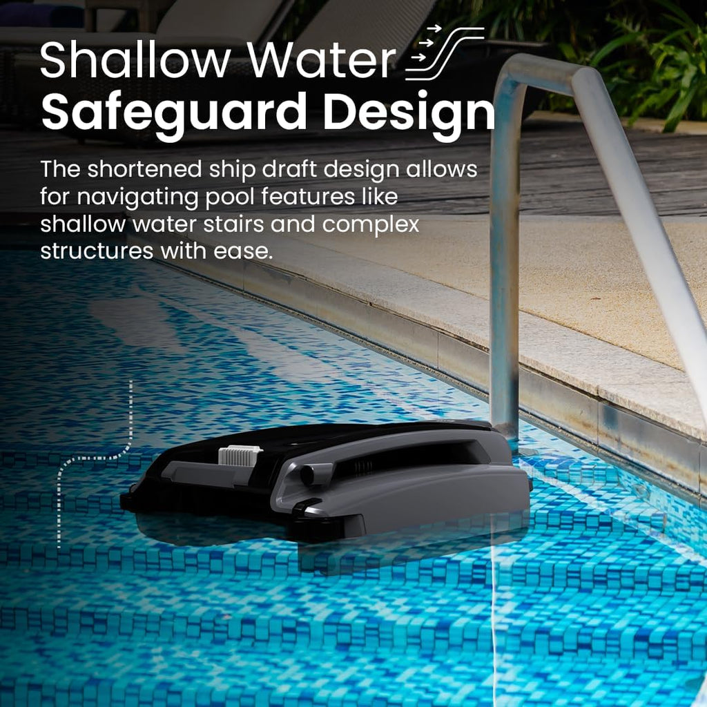 Solar-Powered Robotic Pool Skimmer with 24/7 Continuous Cleaning Power, Dual Charging Options, Twin Salt Chlorine Tolerant Motors, and Shallow Water Safeguard