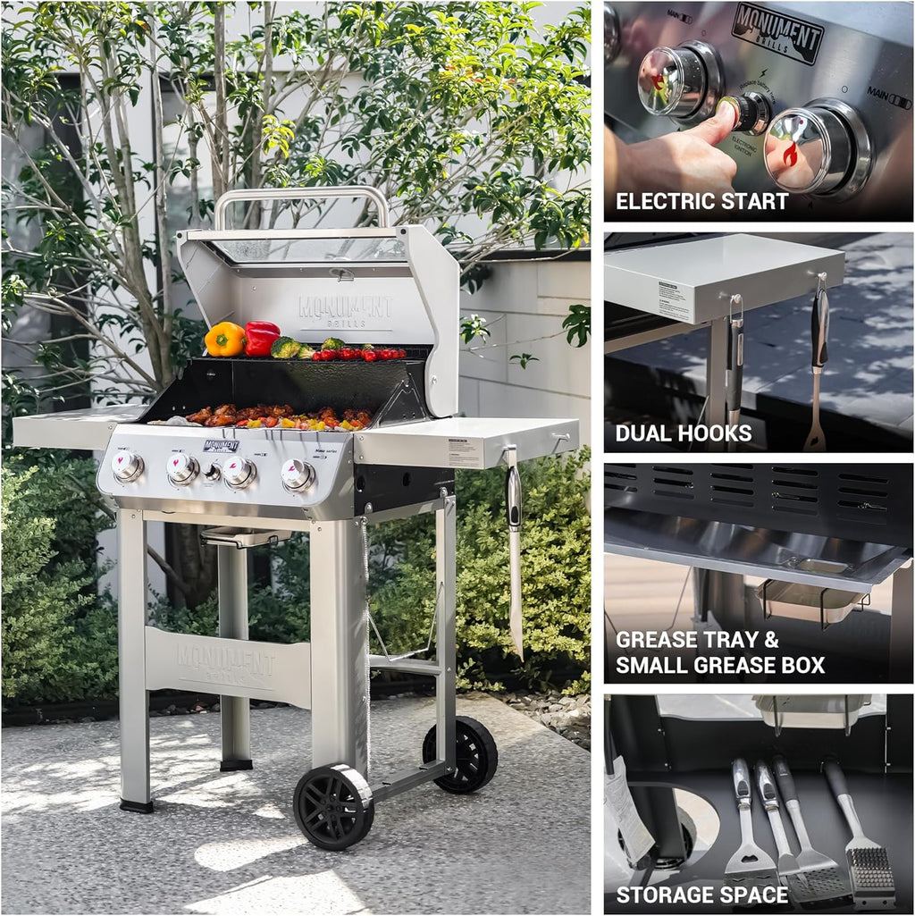 4-Burner Liquid Propane Gas Grill, Silver Stainless Steel Grill Outdoor Patio Garden Barbecue Grill with Clearview® Lid and One Foldable Shelves, Mesa400MF