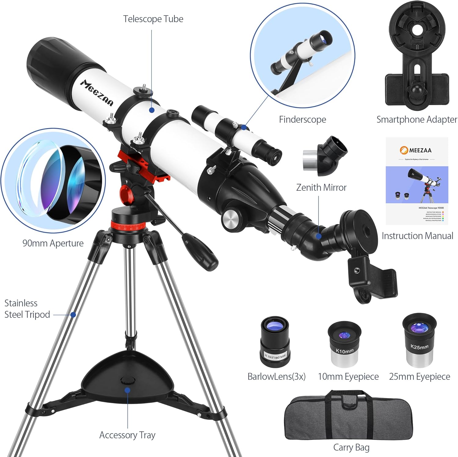 Telescope, Telescope for Adults High Powered Professional, 90mm Aperture 800mm AZ Mount Refractor Telescopes for Kids & Astronomy Beginners with Stainless Tripod & Carrying Bag & Phone Adapter
