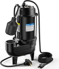 3/4 horsepower submersible sewage discharge pump, cast iron material, 115 volts, 6400 gallons per hour, automatic tethered float switch, for sewage pits, basements, and collection pits of residential sewage, 2-inch NPT outlet